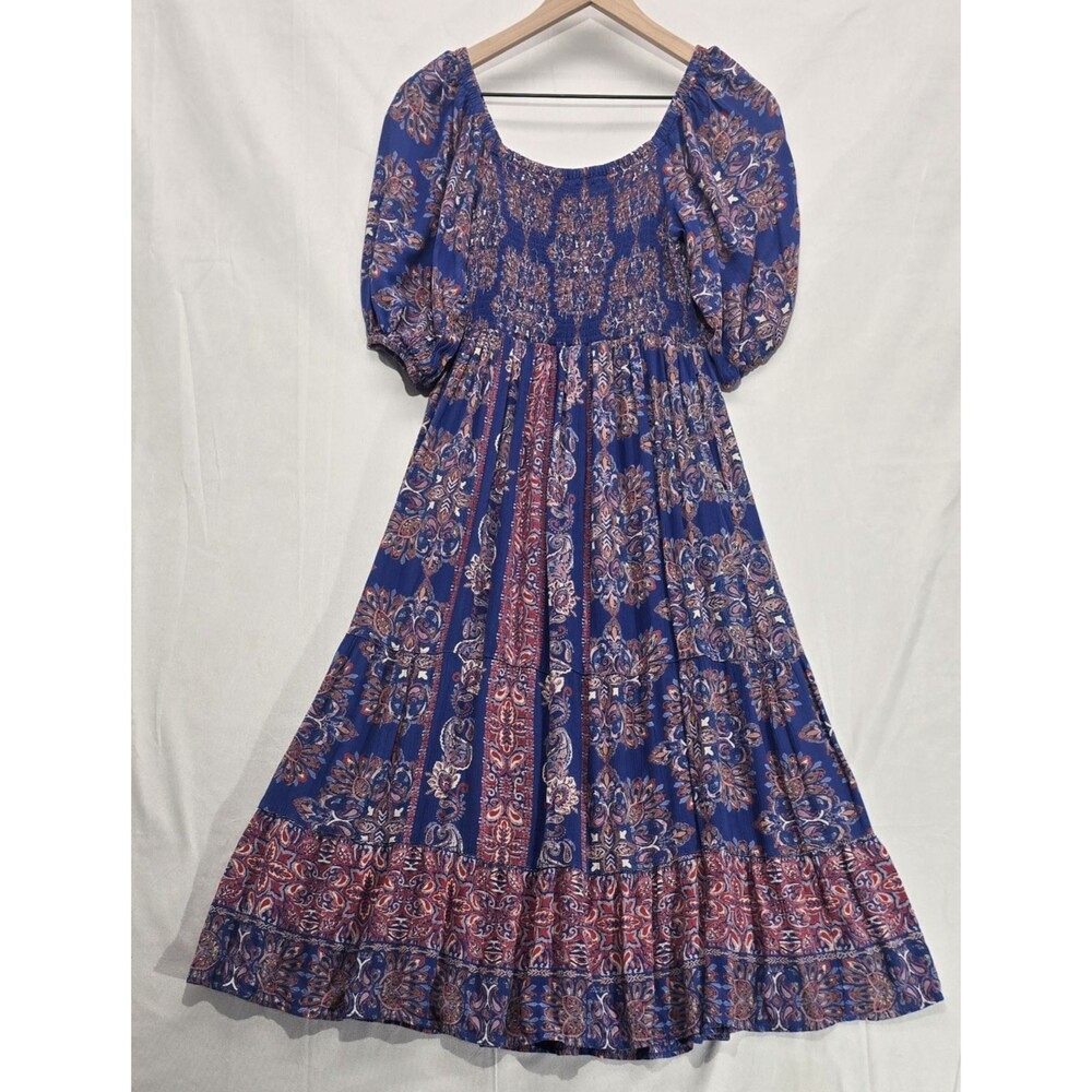 Angie Smocked Milkmaid Dress Women's M Paisley Peasant Babydoll Cottage Festival